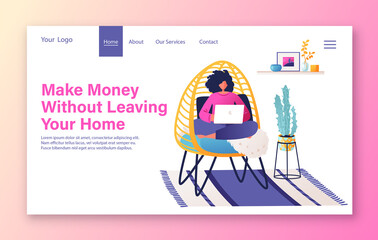Outsourcing, remote work, home office, self-employment, successful career without leaving home, during global pandemic, study online concept for landing page. Girl sitting in chair working on laptop.