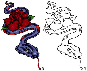 Colorful tattoo design with purple snake and red rose. Vector illustration