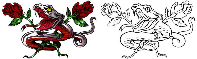 Colorful tattoo design with red roses and a snake. Vector illustration