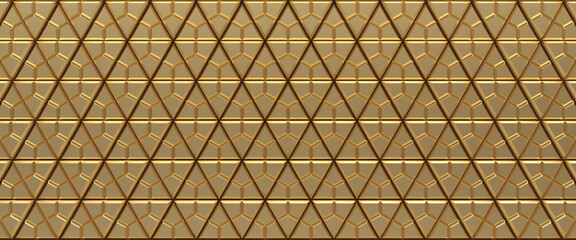 Gold tiled triangular abstract texture. Extruded triangles surface. 3d render.