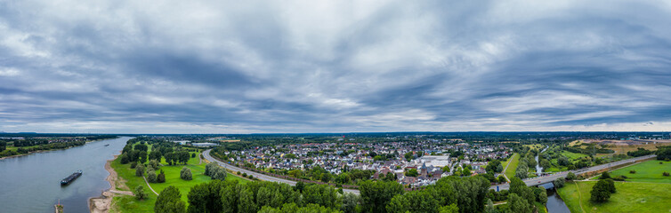 Panoramic view of the Rhine  near Leverkusen, Germany. Drone photography.