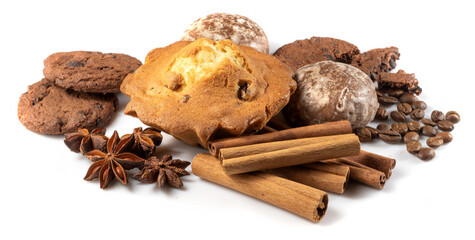 isolated image of cookie, chocolate, anise and cinnamon close up