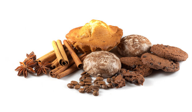 isolated image of cookie, chocolate, anise and cinnamon close up