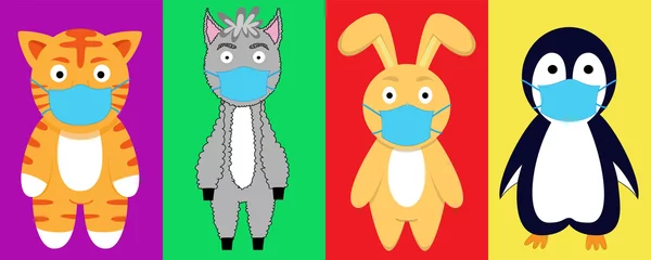 Fotobehang Animals wearing face mask protection from dust and virus in cartoon style on colorful background. Tiger, llama, rabbit and penguin. Covid-19. Coronavirus. Vector Illustration. © Анастасия Воронина