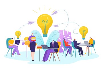Team people work for idea, business teamwork concept vector illustration. Creative businessman woman solution design and innovation bulb. Flat people character communication in office.