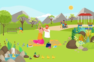 Woman yoga activity with family, vector illustration. Pregnant female character with man at cartoon park, flat people sport lifestyle. Relax for healthy adult couple outdoor, mother recreation.