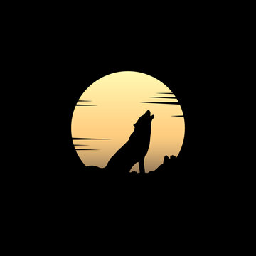 Beauty Howling Wolf and Super Moon Illustration logo design, Silhouette Icon on Black Background, Flat Design Vector Illustration