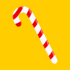 Flat vector cartoon illustration of a Christmas Lollipop in the shape of a cane isolated on a yellow background