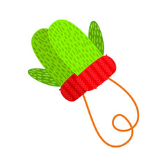 Flat vector cartoon illustration of new year's red and green knitted mittens. Isolated drawing on a white background.