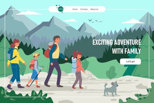 Exciting adventure family hiking landing vector illustration. Happy people at vacation travel, summer nature with backpacks. Mother, father, child in outdoor journey, sky mountain landscape.