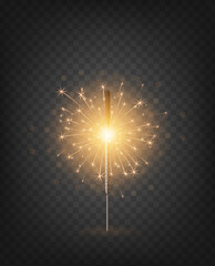 Christmas New Year bengal light. Realistic golden sparkler light isolated on transparent background. Festive bright firework. Fun decorations for celebrations and holidays, Vector illustration.