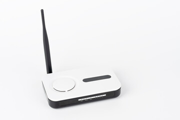 Wifi router, wireless device with one antenna on white background.