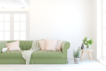 Mock up of white living room with sofa. Scandinavian interior design. 3D illustration