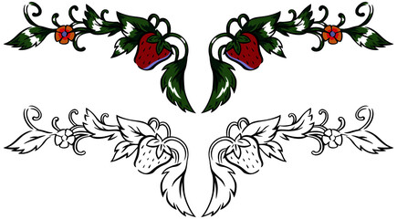 Crown of vignettes in vector isolated in the form of strawberries, strawberries and leaves with stems and flowers. 