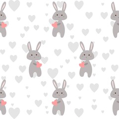 Grey cheerful seamless pattern, cute bunnies soft pink and gray, simple vector illustration