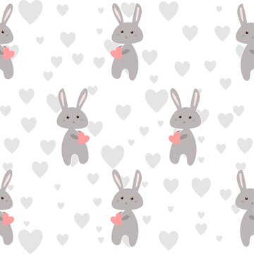 Grey cheerful seamless pattern, cute bunnies soft pink and gray, simple vector illustration