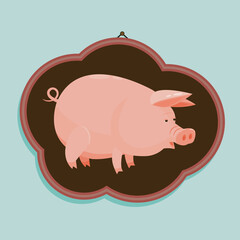 Pig. Vector image of a pig. Illustration of a pink, fat pig in a frame on the wall. Pig in a frame for the interior.