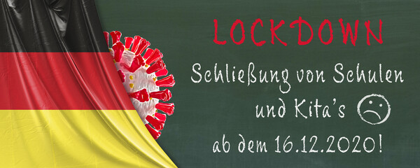 Schließung von Schulen und Kita's, Lockdown. Schultafel mit deutscher Flagge und Corona-Virus...