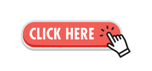 Click here button with clicking hand icon. Flat design style.