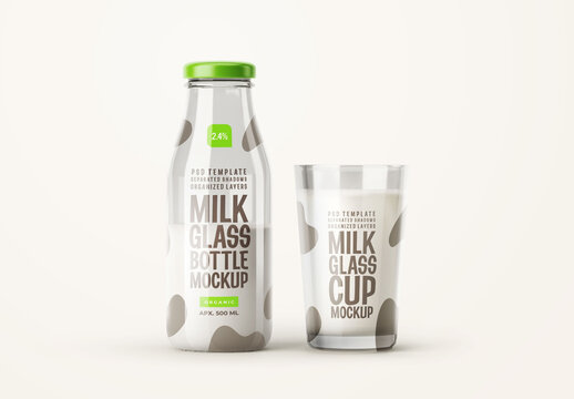 Glossy Milk Bottle Mockup with Glass for Design and Branding Projects
