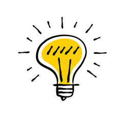 Fototapeta na wymiar Shining light bulb doodle illustration. Hand drawn bright electric lamp. Symbol of idea and solution.