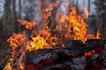 Fire flames, burning pile of cardboard and waste paper