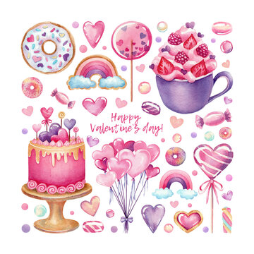 Watercolor set of Valentine's day sweets hand drawn on white background isolated. Lollipops candy cake balloons hearts gingerbread and anoteh elements. Sweet collection