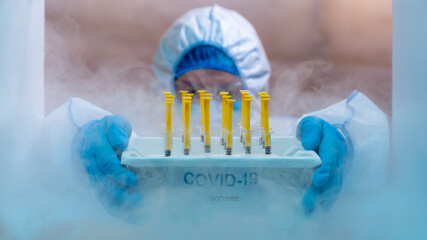 Medical staff distributing covid-19 vaccine tray inside the freezer. Healthcare and medical concept - obrazy, fototapety, plakaty