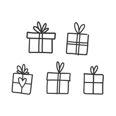 Hand drawn gifts collection. Present box with ribbons. Doodle illustrations. Christmas gift symbols.