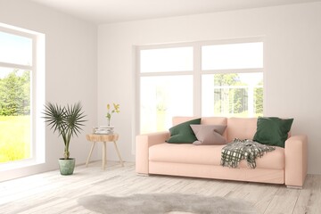 White living room with sofa. Scandinavian interior design. 3D illustration