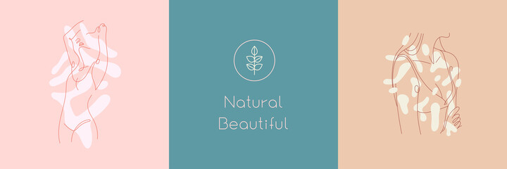Natural Beauty parlor in trendy soft hue. Vector logo design template minimal linear style. Woman body silhouette in line art style for beauty parlour, cosmetic label, packaging of nature products.