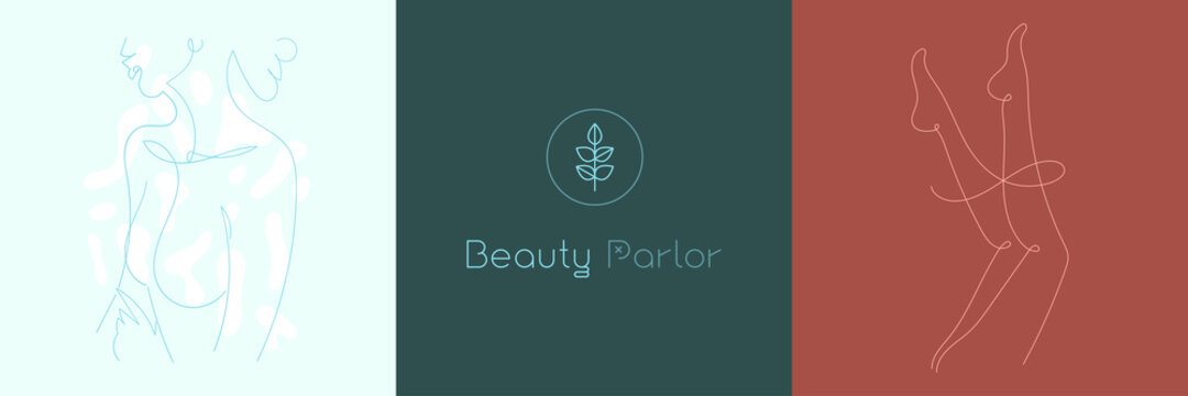 Natural Beauty parlor in trendy soft hue. Vector logo design template minimal linear style. Woman body silhouette in line art style for beauty parlour, cosmetic label, packaging of nature products.