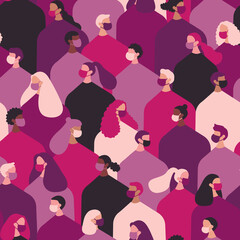 Stop racism. Multinationality. Black lives matter. Different people wearing medical face mask. Coronavirus. Purple seamless pattern. Flat style pink background. Vector illustration.