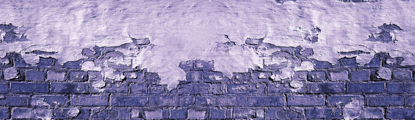 Purple Toned Brick Wall Damage Plaster Background. 