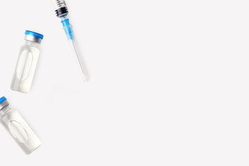 Covid Vaccine Vial And Syringe Isolated. Vaccination Concept. Disease Needle Injection Rescue Care Treatment. Coronavirus Medical Bottle.