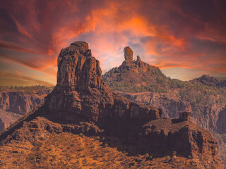 Landscape with Roque Bentayga and Roque Nublo in the background, Gran Canaria, Canary Islands, Spain