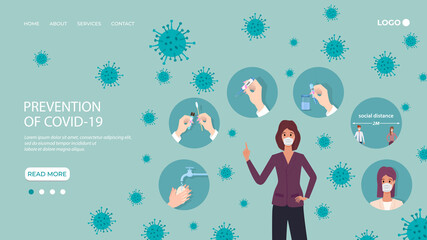 Prevention of covid-19. Information about protection and prevention measures in the case of coronavirus and flu epidemics.Flat vector illustration.The template of the landing page.