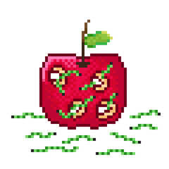 Illustration pixel art apple. Vector picture. Apple has a worm.