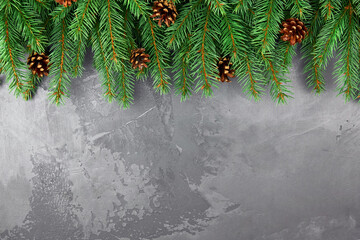 Green christmas tree branches with pine cones on grey concrete background