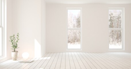 Mock up of empty room in white color with winter landscape in window. Scandinavian interior design. 3D illustration