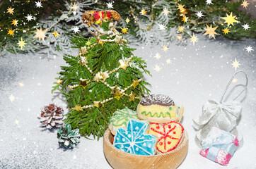 Homemade shaped cookies on the background of a Christmas scene and snow overlay . selective focus
