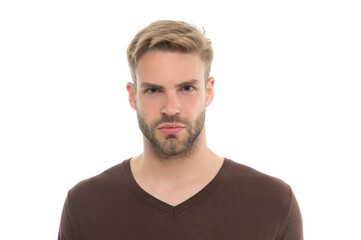 Obraz premium unshavem handsome confident man with stylish hairdo and casual wear isolated on white, barber