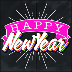 Happy New Year, banner, starburst, halftone texture, rainbow font, party vector graphic.