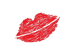 Abstract lips from red lines. Kiss imprint with passionate glamorous smile made from strokes and vector stripes.