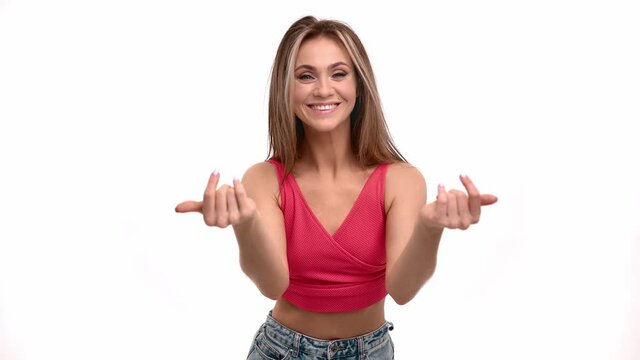 Happy woman demonstrate gesture come here waving hands. Shot on RED Raven 4k Cinema Camera