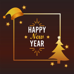 happy new year lettering card with santa hat and pine tree golden