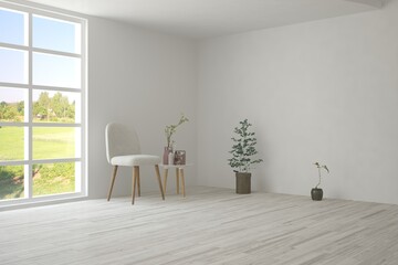 White living room with armchair and green landscape in window. Scandinavian interior design. 3D illustration