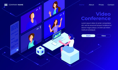 Illustrations flat design concept video conference. online meeting work form home. Vector illustrate.