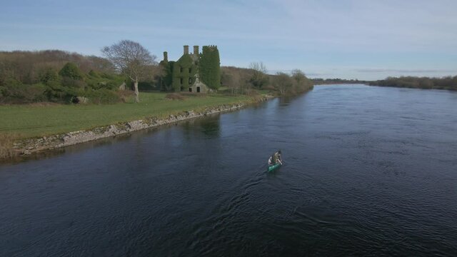 Canoeing on the river. Aerial.