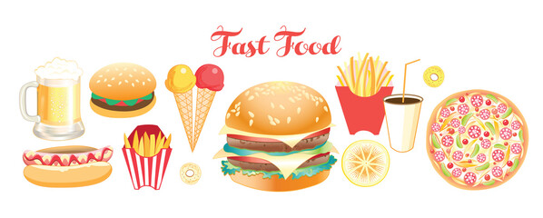 Set of vector Illustration of lovely fast food food isolated on white background